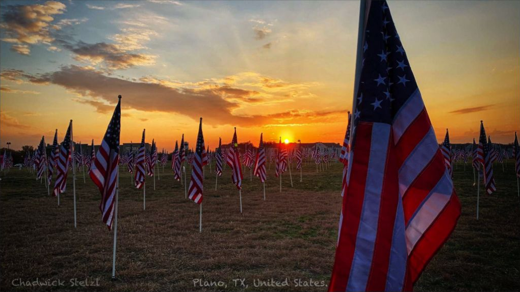 American flags at sunset